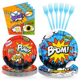 Grencian 200Pcs Super Theme Hero Party Decorations Colorful Super Theme Hero Plates and Napkins Disposabe Heros Action Paper Tableware Set for Boys Birthday Baby Shower Party Supplies, Serves 50