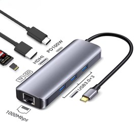 TV xStream 8-Port Type-C Hub Multiport Dock Station with 4K HDMI, USB 3.0, Gigabit RJ45, SD/TF, USB-C PD 100W Charging Adapter - Grey