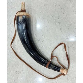 Hand Carved Genuine Gun Powder Real Horn with Leather Strap, Black Powder Holder Reenactment Vikings Style Gift for Men - Birthday Christmas Anniversary