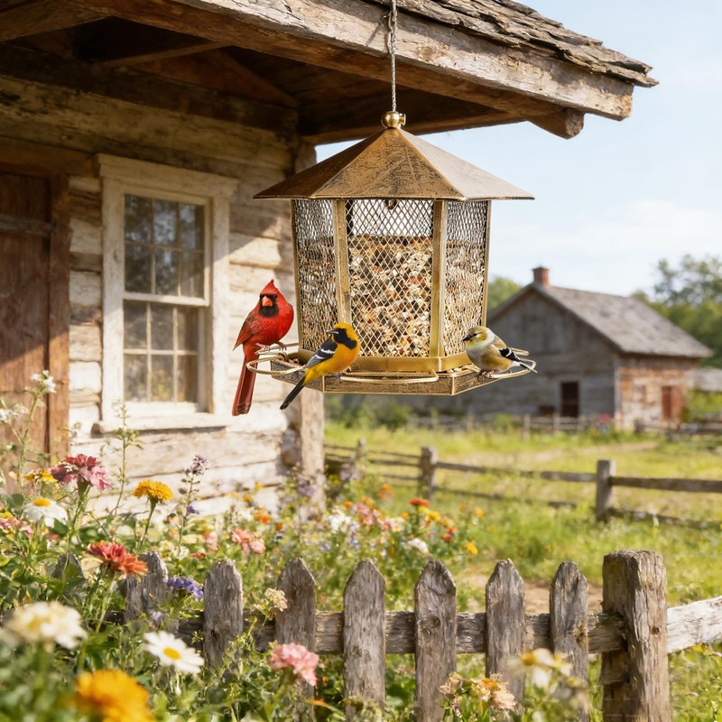 Wild Birds Feeder, Finch Bird Feeder for Outdoors, Metal Hexagonal