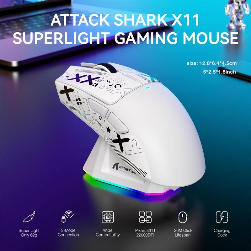 ATTACK SHARK X11 Wireless Gaming Computer Mouse, Rechargeable RGB Lighting Wireless Mouse