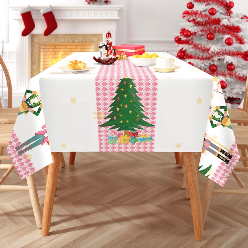 Arquiel Christmas Tablecloth, Nutcracker, Pink Christmas Tree Tablecloth, Washable, Rectangular,
