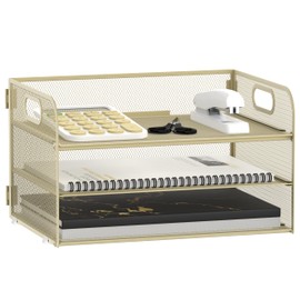 SUPEASY 3 Tier Paper Organizer with Handle, Mesh Desk Organizer Letter Tray, Paper Tray Organizer File Organizer for A10 File Folder, Golden Yellow