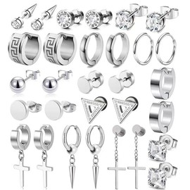 <Comfort Earrings>"Earrings" 15 pairs of earrings, stainless steel earrings, fashionable pierced earrings, allergy-friendly, multiple styles for random matching, dazzling personality - Color: silvery