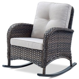 Belord Patio Rocking Chair Wicker Chair, 1 Piece Outdoor Rocking Chair Seating with Cushions for Porch Deck Balcony, Brown/Beige