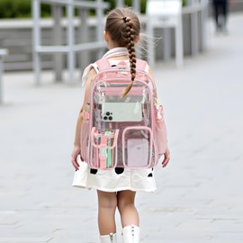 Kouxunt Clear Backpack Heavy Duty Transparent Backpacks Stadium Approved for School Work Sport Travel (Light Pink)