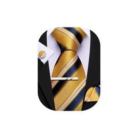 Barry.Wang Gold Navy Blue White Tie with Tie Clip for Men Striped Silk Necktie Pocket Square Cufflinks Set Formal Business Wedding Party