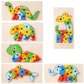 Colourful Children's Wooden Puzzle with Animal Motifs Dino Giraffe Bear Caterpillar Dolphin Elephant for Children with Numbers 6 Piece Wooden Puzzle Set for Boys and Girls 3916
