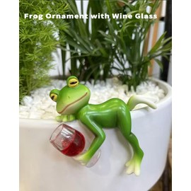 JWShang Set of 3 Tipsy Frog Figurines Plant Decorations for Pots, Miniature Resin Frog with Wine Glass Drinks, Happy Laid Back Flower Pot Hugger for Garden Outdoor Yard Lawn Ornament