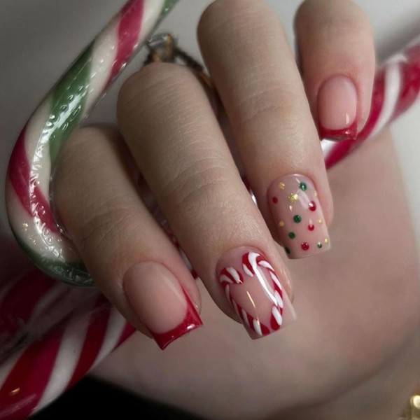 Christmas Red French Tips Nude Press on Nails Short Square