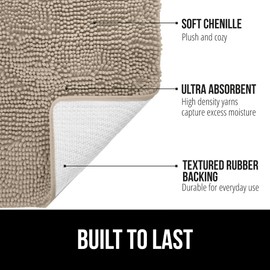 GORILLA GRIP Bathroom Rug Sets 3 Piece, Bath Mat Set and Oval Toilet Base with Rubber Backing, Plush Absorbent Shaggy Chenille Washable Mats, Includes 24x19.5, 24x17 and 36x24 Inch Rugs, Beige