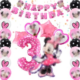Mouse Birthday Decorations 23 PCS, Mouse Party Decorations with Happy Birthday Banner, Balloons, 3rd Birthday Decorations for Girls Themed Party Decorations, Pink Birthday Decorations Party Supplies