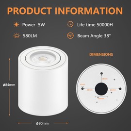 GeyouLux LED Surface-Mounted Spotlights, Dimmable, Diameter 80 x 84 mm, White, Surface-Mounted Spotlight Including 5 W 580 LM LED Module, 3000 K/4000 K/6500 K, Surface-Mounted 230 V, 30° Swivelling