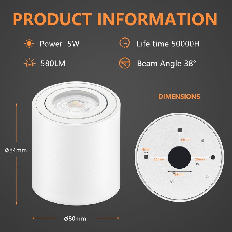 GeyouLux LED Surface-Mounted Spotlights, Dimmable, Diameter 80 x 84 mm,