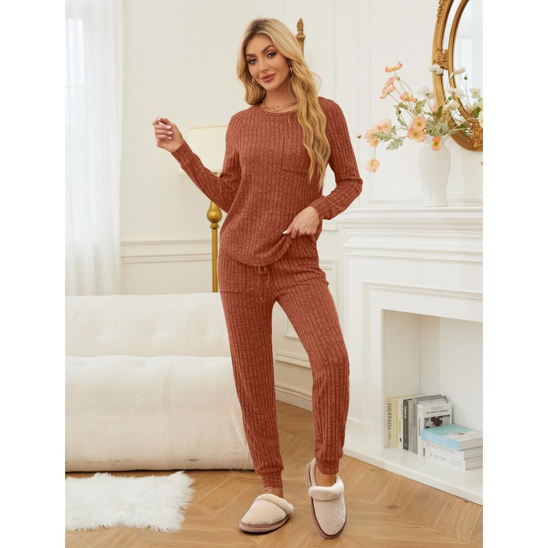 JUSTFASHIONNOW Womens Ribbed Knit Lounge Set 2 Piece Outfits Long