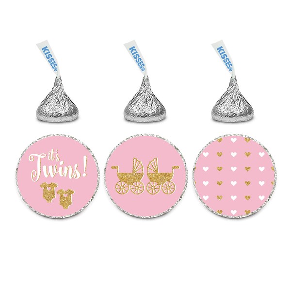 Andaz Press Chocolate Drop Labels Trio, Twins Girl Baby Shower, It's Twins!, Pink with Printed Gold Glitter, 216-Pack
