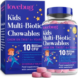 lovebug PROBIOTICS for Kids – Probiotic Chewables with Prebiotic Fiber for Age 4+, Daily Children's Gut Health, Constipation, Sugar-Free Berry Flavor, 30 ct