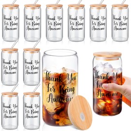 Mifoci 12 Pcs Employee Appreciation Gifts Thank You Gifts for Staff Coworker Thank You Glass Cups 20 oz Ice Coffee Glasses with Lids Straws Brushes for Team Women Men