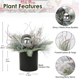 Briful 10 Inch Mini Christmas Tree Artificial Potted with Holly Pine Snowy and Black White Silver Xmas Balls Christmas Arrangements Centerpieces Ornaments Table Top Decor in 4.7'' Black Ceramic Pot