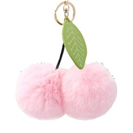 ChungLong0593 Pom Pom Cherry Key Chain Exaggerated Cherry Fruit Key Ring for Women Car Keys Holder Bag Purse-Light Pink