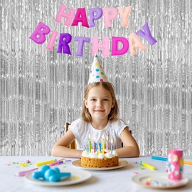 2 Pack Silver Tinsel Fringe Backdrop Streamers Party Decorations, Silver Backdrop Curtain for Silver Party Decorations,Silver Streamer Backdrop for Bachelorette Birthday Disco Party Decorations