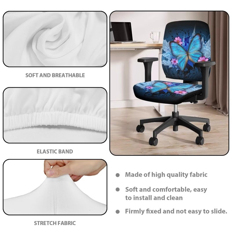 Poceacles Office Chair Cover Blue Butterfly Floral Print Stretchable Computer