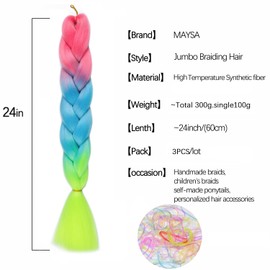 Pink and Green Pre stretched Braiding Hair Colorful Hair Extensions 24in Rainbow Braiding Hair Extensions for Kids #Rouge pink-Sky blue-Light green