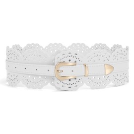 XZQTIVE - Cinturón ancho para mujer, estilo clásico, grueso, de piel, con hebilla de punta, Dorado, blanco, Fits Waist 34-39 in