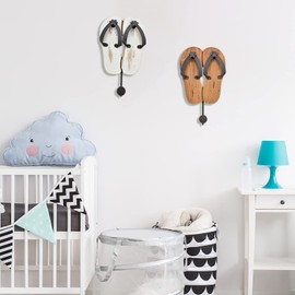 Aecipl Wooden Wall Hooks Hanging Flip Flop Sign Beach Themed Decor Nautical Coat Towel Hook for Bathroom Bedroom Pool Wall Mounted Decorative Slipper Decoration (White + Burlywood)