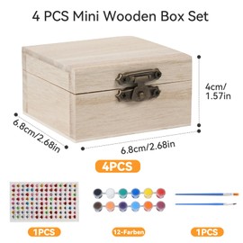 Prebarfun 4 PCS Wooden Box with Hinged Lid, Mini Unfinished Wooden Treasure Chest, DIY Craft Storage Organizer Box for Home Table Decoration-6.8 x 6.8 x 4cm