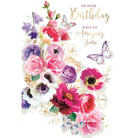 Open Female Birthday Card - Pink White Lilac Flowers Butterflies & Foil 7.75x5.25"