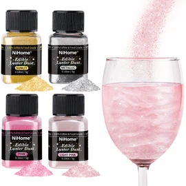 NiHome Edible Luster Dust Glitter Powder Fancy Metallic Sprinkles, Glimmer Luster Dust 4 Bottles of 0.18oz/5g for Decorating Drinks Cakes in Bakeries, Allergen-Free Food Coloring (4 Colors 20g)