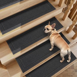 Non-Slip Stair Treads for Wooden Steps Indoor, 4 Pack 8" X 30" Edging Stair Rugs with TPE Backing, 0.4" Thick Carpet Stair Treads for Kids Elders & Pets, 100% Polyester Soft Stair Runners, Dark Grey