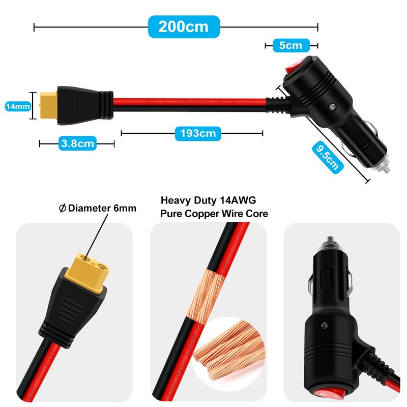 YINGAYOU Cavo XT60 Accendisigari con Interruttore 14AWG 20A Cavo Ricarica