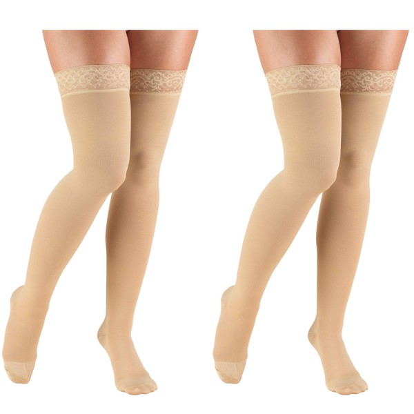 Truform Compression 20-30 mmHg Thigh High Lace Top Stockings Beige, Small, 2 Count