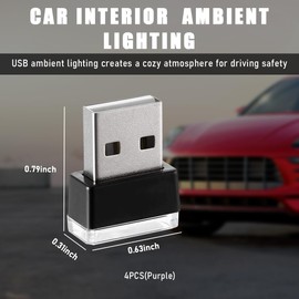 Gasedin 4 PCS USB LED Car Atmosphere Lights, Portable Mini Ambient Night Lamp with USB Interface, Plug-in USB LED Atmosphere Lighting Decor for Auto Home Office (Purple)