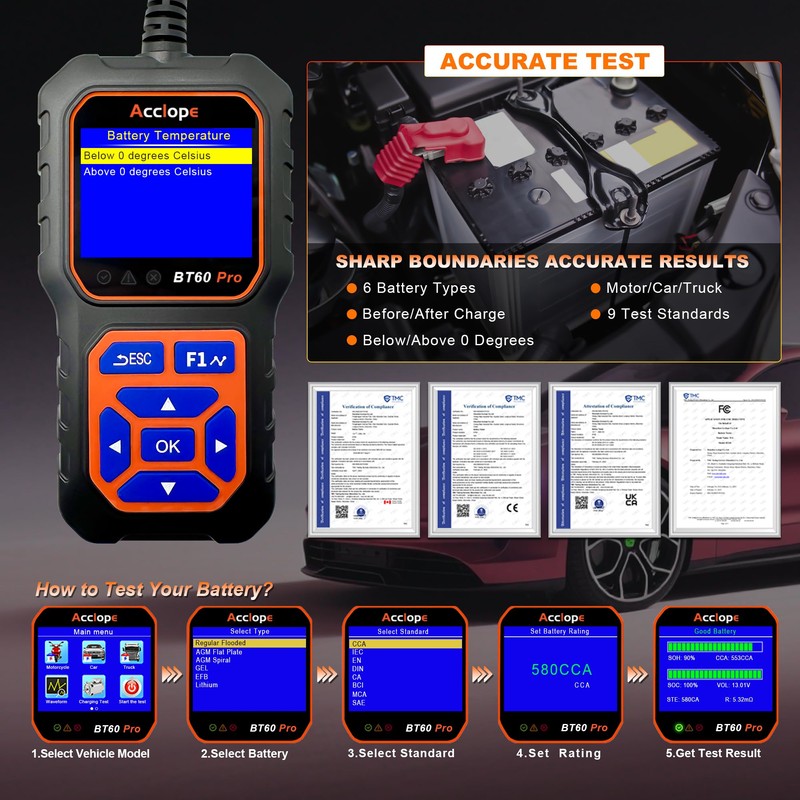 BT60 Pro Acclope Car Battery Tester with Cloud Printing 100-3000