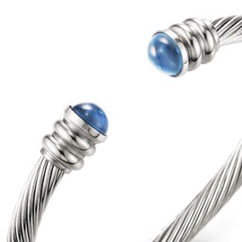 Elastic Adjustable Classic Mens Stainless Steel Twisted Cable Bangle Bracelet with Blue Beads(CA)