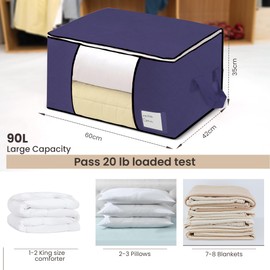 Yuhman 3 Pack of 90L Large Clothes Storage Bags - Clothes Bags Storage with Reinforced Handle & Name tag Pocket, Crafted from Durable Non-woven Fabric for Clothing, Blankets & Comforters(Blue)