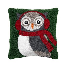 C&F Home Winter Owl Wearing Ear Muff and Scarf on Green Background Hooked Pillow Accent Pillow 12" x 12" 12" x 12" Green