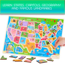 Montessori Mama USA Map Wooden Puzzle, Puzzles for Kids Ages 4-6 Educational Toys for 4 Year Old Kids Puzzles Ages 5-8 Landmarks, Animals, Capitols and States