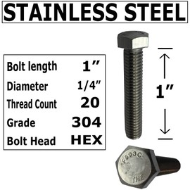 1/4" - 20 x 1". 304-STAINLESS STEEL BOLTS, NUTS & WASHERS - 18-8 HEX HEAD Bolt - 304 Grade. General Purpose (10) Bolts + (10) Nuts + (10) Washers