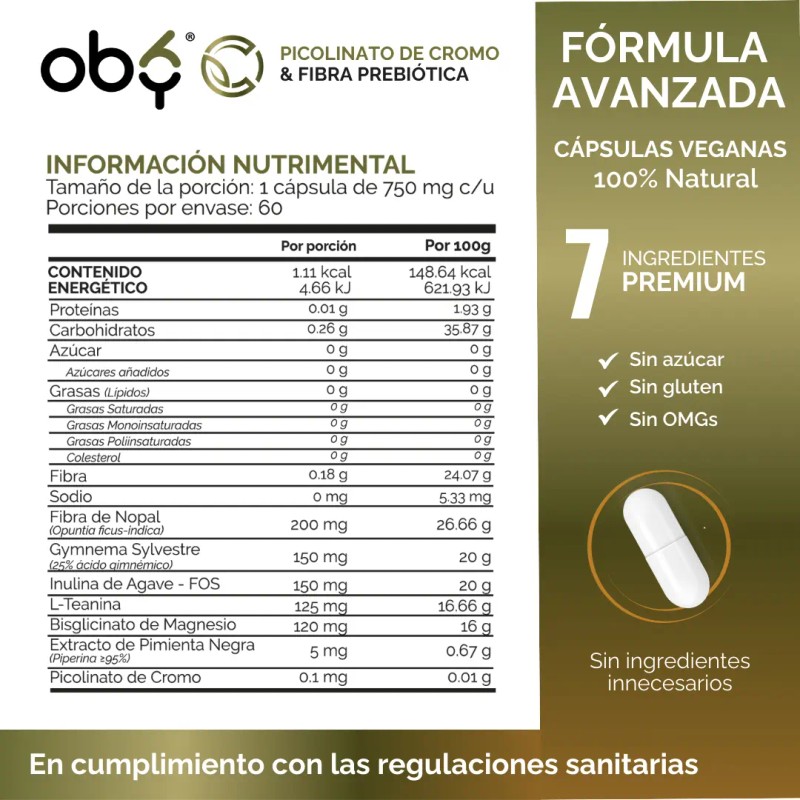 Picolinato Cromo Fibra Nopal Magnesio Teanina Gymnema Inulina Piperina 100