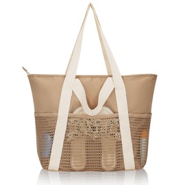 Anpumoony Women's Beach Bag with Zip, Large Waterproof Mesh Swimming Bag, Family Foldable Beach Tote Bag, Shopper, for Shopping, Beach Holidays and Swimming Pools, khaki