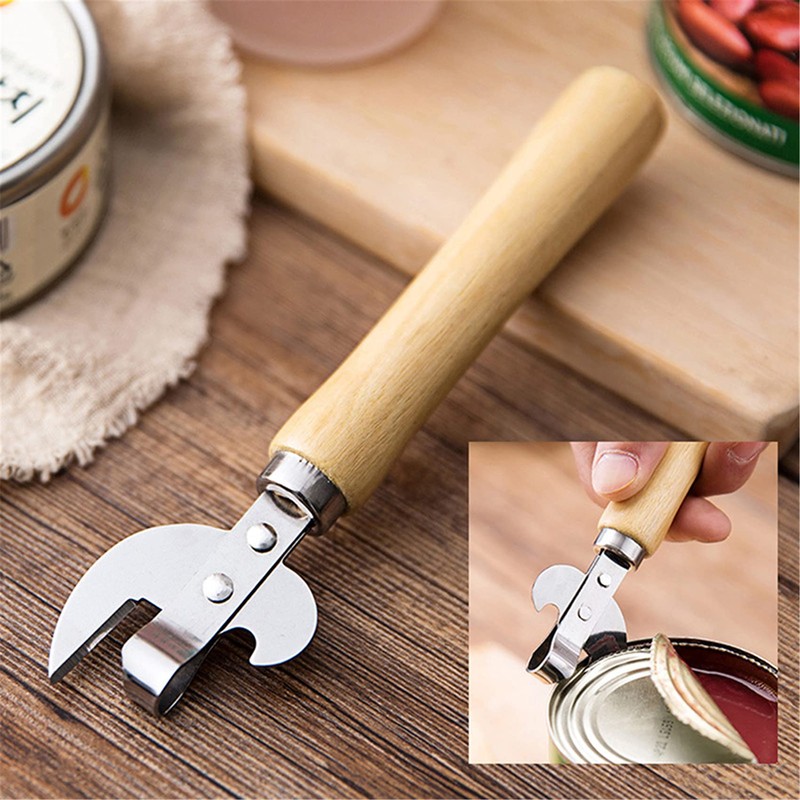 Manual Can Opener with Wooden Handle Stainless Steel Convenient and