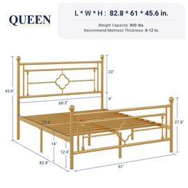 Allewie Queen Size Metal Platform Bed Frame with Victorian Vintage Headboard and Footboard/Mattress Foundation/Under Bed Storage/No Box Spring Needed/Noise-Free/Easy Assembly, Gold