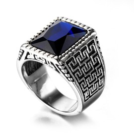 HIJONES Men's Silver Tone Engraved Stainless Steel Rings with Royal Blue Gem Stone Size U