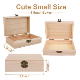 ADXCO 8 Pieces Unfinished Pine Wood Box with Hinged Lid Treasure Boxes with Locking Clasp Treasure Chest Decorate Wooden Boxes for DIY Crafting Gift Storage Box, 5.9 x 3.9 x 2 Inches