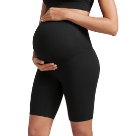 CRZ YOGA Women's Butterluxe Maternity Shorts Over The Belly - 8" Over Bump Yoga Sports Biker Shorts Pregnancy Leggings Black 10