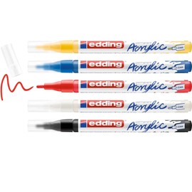 edding 5300 acrylic marker fine - multicolour - set of 5 acrylic paint markers - fine round nib 1-2mm - acrylic paint pens for drawing on canvas, art paper, wood, pebbles and stone